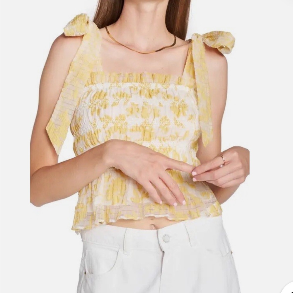 En Saison Yellow and White Smocked Ruffled Tank Top